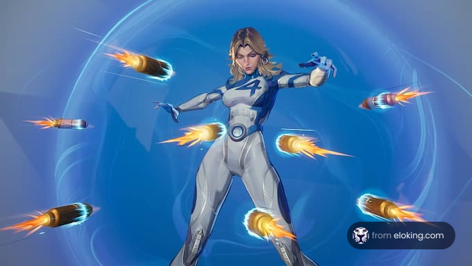 A superhero character exhibiting shooting action with projectiles.