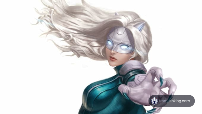 A superhero character with silver hair and glowing eyes in a dynamic pose.