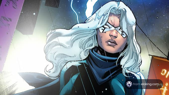 A superhero character in a dynamic pose with white hair and glasses in a comic art style