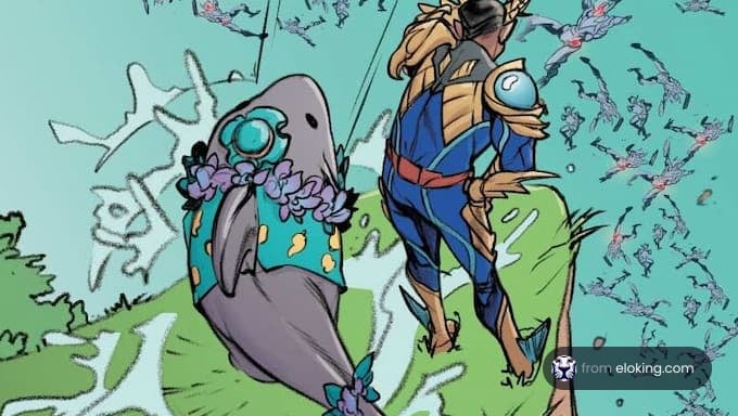 A superhero and a manatee in vibrant underwater scenery.