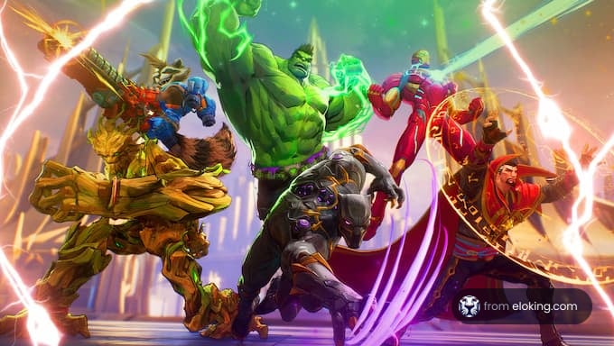 A group of superheroes engaged in an intense battle scene, showcasing their unique powers.