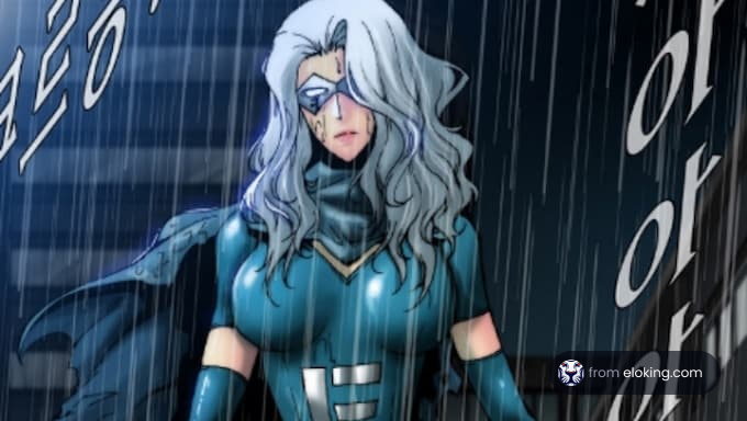 A superheroine stands in the rain with a determined expression.
