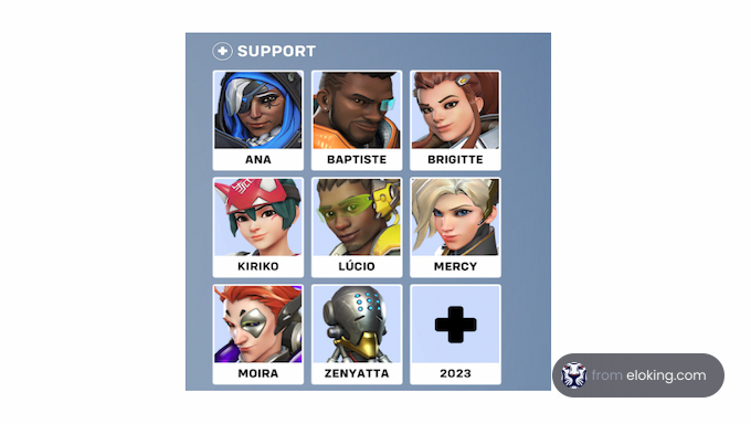 Support character selection screen from Overwatch showing Ana, Baptiste, Brigitte, Kiriko, Lúcio, Mercy, Moira, Zenyatta, and a 2023 icon