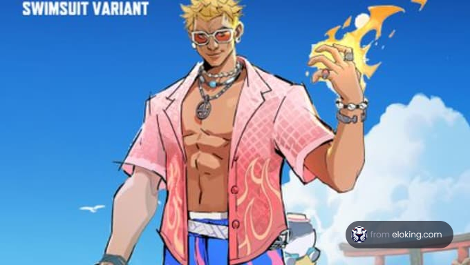 A character in a pink swimsuit variant with sunglasses and a fiery hand gesture.