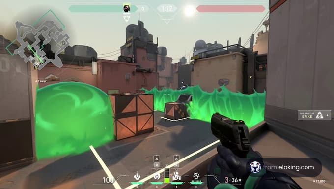 Player navigating through a toxic green smoke barrier in an FPS game