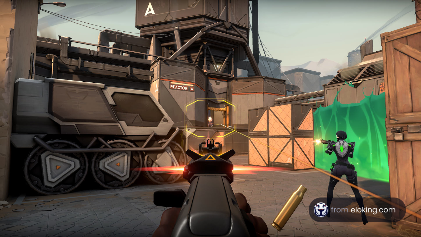 Player aiming in a tactical shooter game with futuristic urban setting