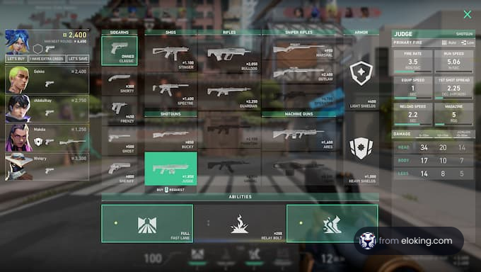 In-game screenshot showing a tactical shooter game's weapon and abilities selection screen