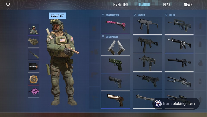 Tactical soldier equipped with various weapons in a video game inventory screen