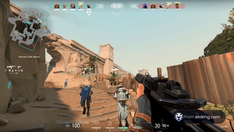 Team of players advancing in a desert combat zone in a first-person shooter game