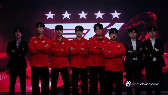 A professional esports team posing in red jerseys at an event.