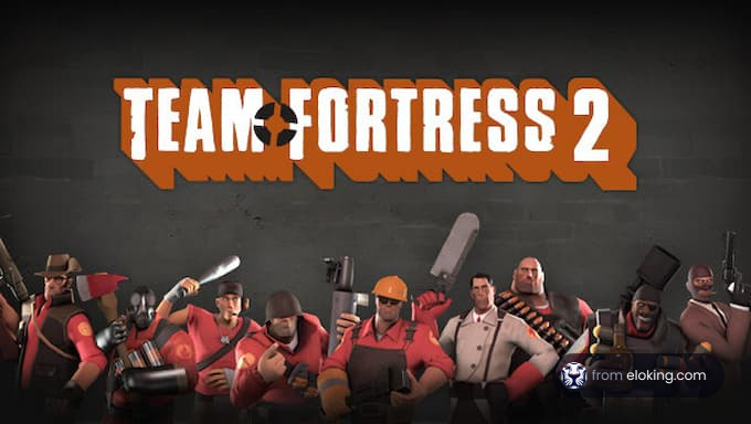 Characters from the game Team Fortress 2 posing against a background