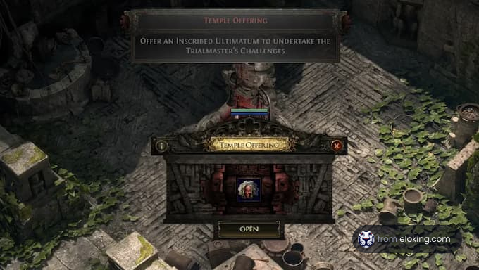 Temple Offering screen featuring an Inscribed Ultimatum for Trialmaster's Challenges