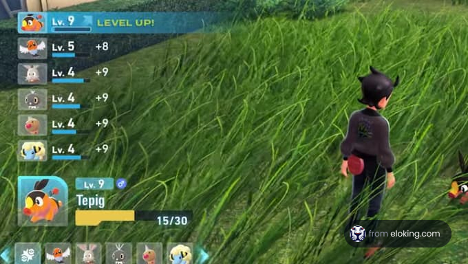 Gracz wchodzi w interakcję z Tepig w trawie, podnosząc poziom