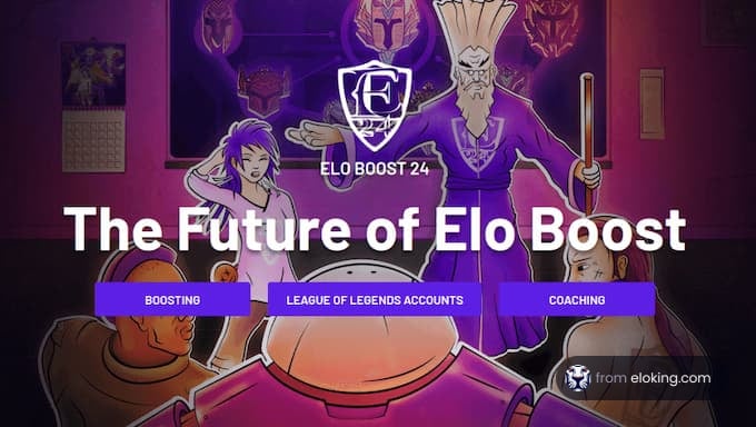 Colorful promotional graphic for Elo Boost services featuring animated characters