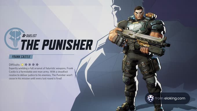 Frank Castle, The Punisher, a skilled duelist wielding futuristic weapons.