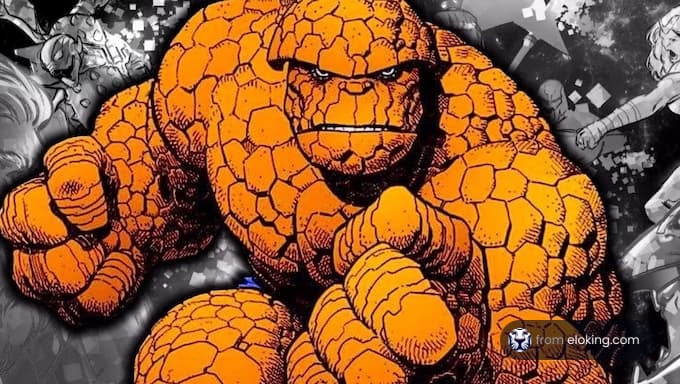 The Thing, a Marvel Comics character depicted in orange, showcasing his strength.