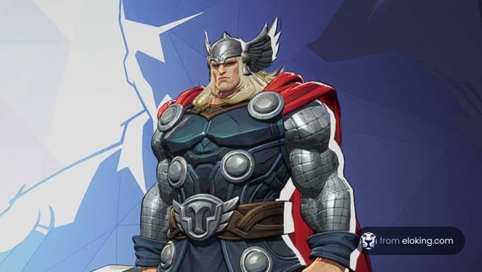 A powerful character resembling Thor stands confidently in heroic attire.