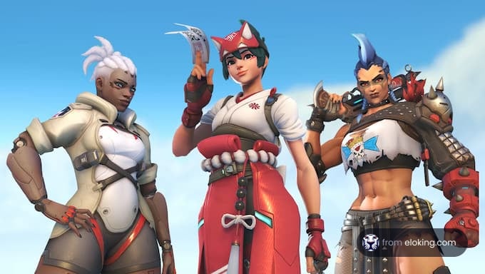 Three animated female characters in dynamic poses against a sky background