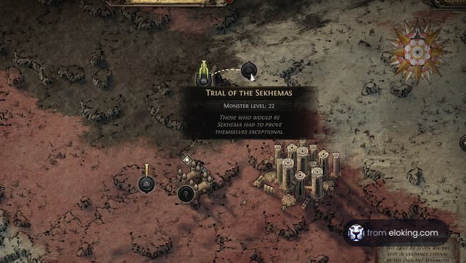 Trial of the Sekhemans game map showing monster level 22.