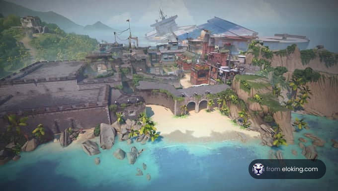 A scenic view of a tropical island with a pirate cove and sunken ships