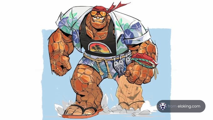 A fun tropical muscle monster character wearing a beach outfit.