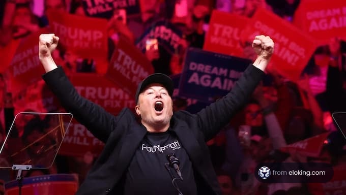 A supporter at a Trump rally joyfully celebrates with raised arms.