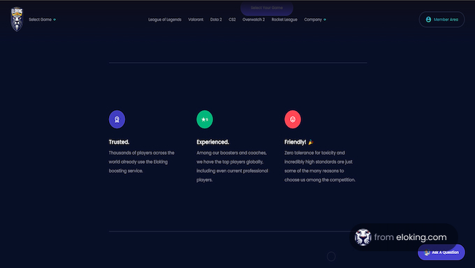 Website dashboard showcasing trusted, experienced, and friendly gaming boost services with colorful icons