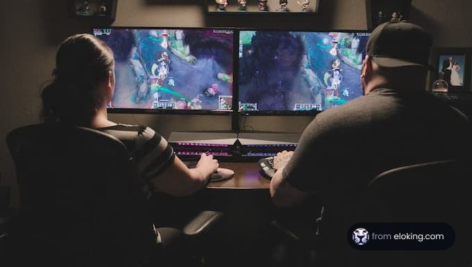 Two people playing video games on multiple monitors in a dark room