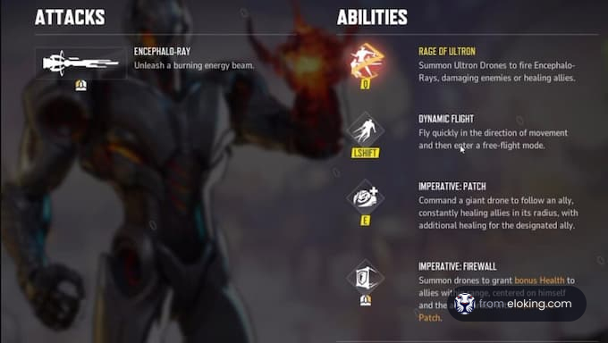 Ultron abilities guide featuring Encephalo-Ray, Rage of Ultron, Dynamic Flight, Imperative Patch, and Imperative Firewall.