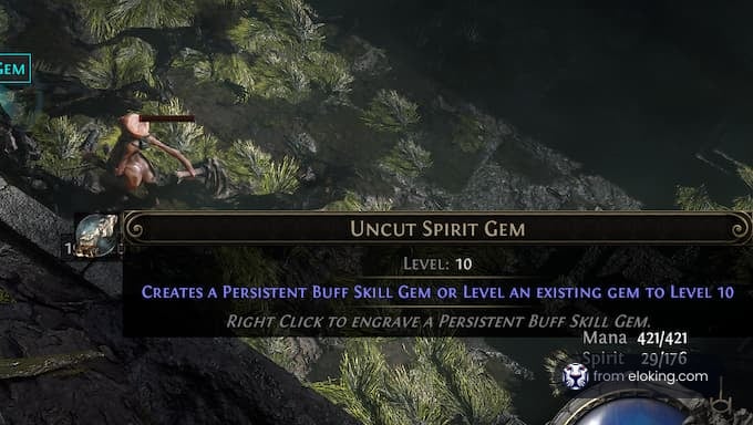 Uncut Spirit Gem at level 10 in a game, creates a persistent buff skill gem.