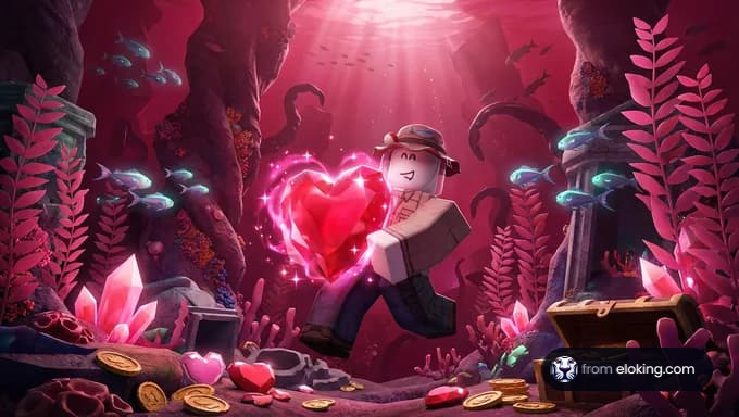 Eine Figur aus Roblox, die fr&ouml;hlich ein leuchtendes Herz in einer Unterwasserszene h&auml;lt.