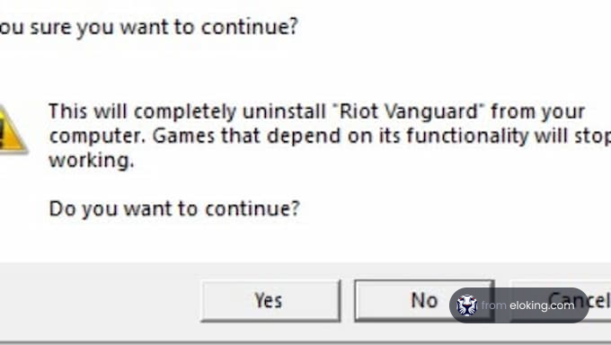 Warning dialog to uninstall Riot Vanguard from the computer.