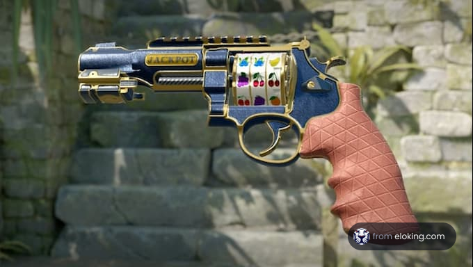 A fantastical revolver resembling a slot machine with a jackpot label and colorful reel symbols