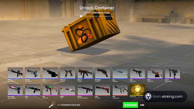 Screenshot displaying a Snakebite case being unlocked in a video game with various weapons available as potential content