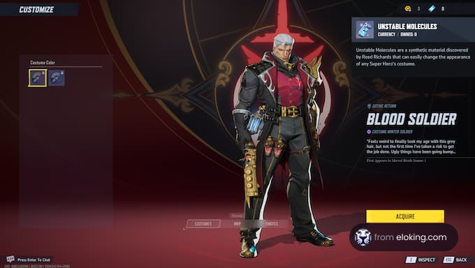 Blood Soldier costume featuring unstable molecules customization.