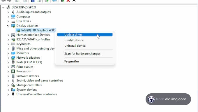 Capture d'écran montrant l'option de mise à jour du pilote pour Intel HD Graphics 4600 sur un gestionnaire de périphériques Windows