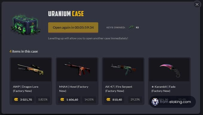 Display of Uranium Case with countdown and various gaming weapon skins