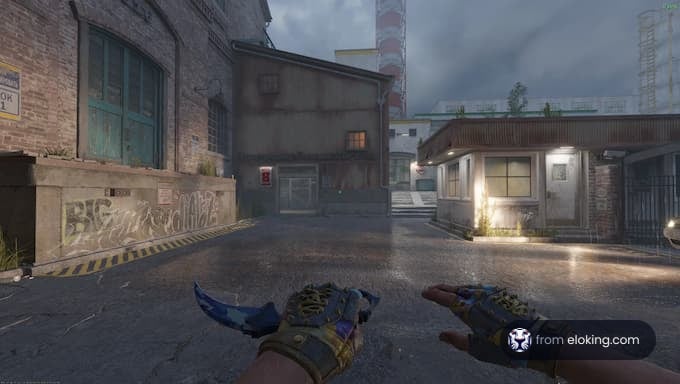 First-person view with decorated gloves in an urban gaming environment