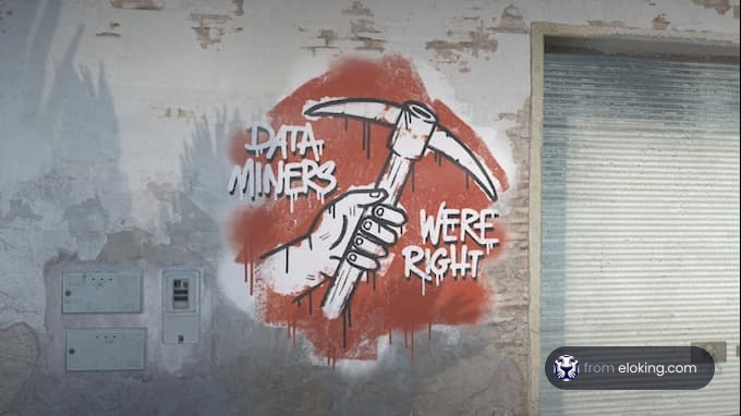 Graffiti of a bloody pickaxe with the text 'Data Miners were right' on a wall