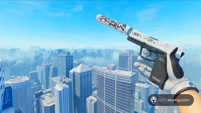 A person holding a decorated silenced pistol in a city skyline.