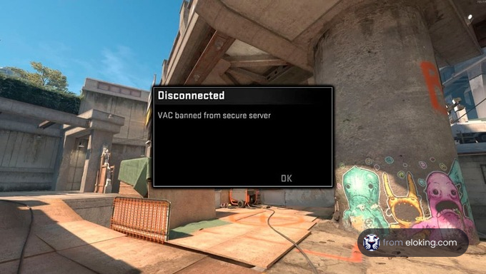 Video game screenshot showing a VAC ban message on a secure server