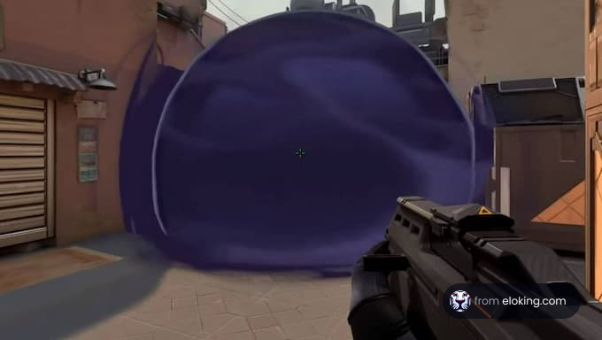 A player using an ability that creates a purple cloud in a game setting