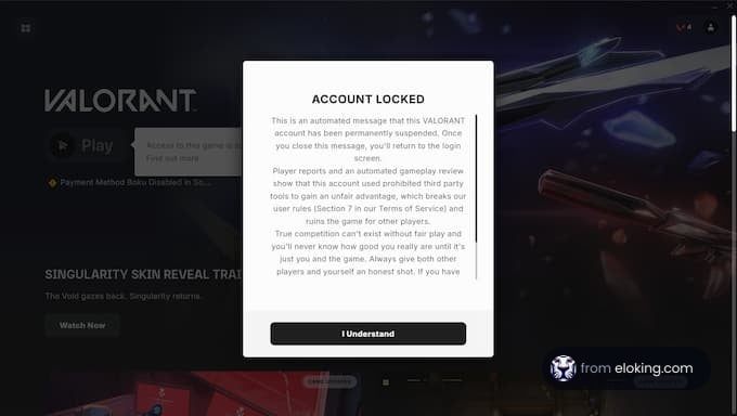 Screenshot of a Valorant game notification stating 'Account Locked'