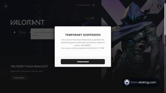 Screenshot of a temporary account suspension message in Valorant with a character in the background