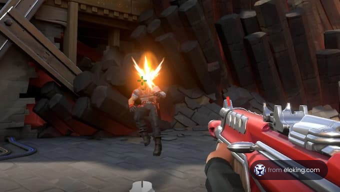 Ein Charakter in einer Spielsituation mit explosivem Hintergrund.