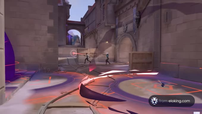 Two characters engaged in an action-packed battle in a vibrant game environment.
