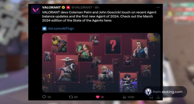 Screenshot of a VALORANT tweet discussing Agent updates and a new character for March 2024