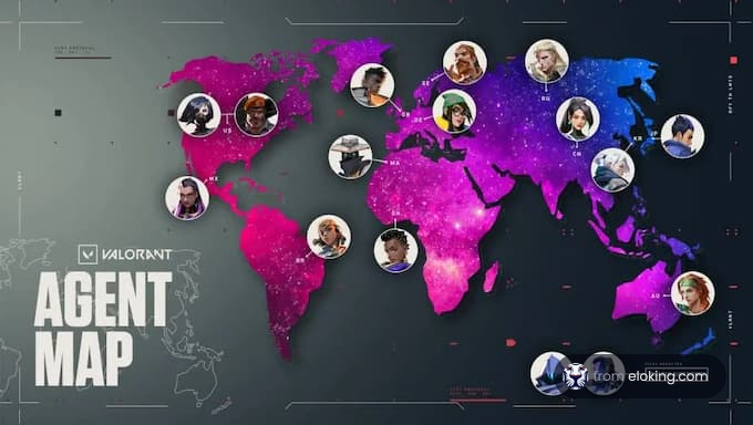 Interactive world map showing locations of Valorant game agents