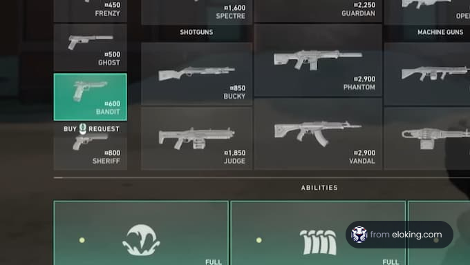 Pantalla de selecci&oacute;n de armas con el Bandido de un juego.