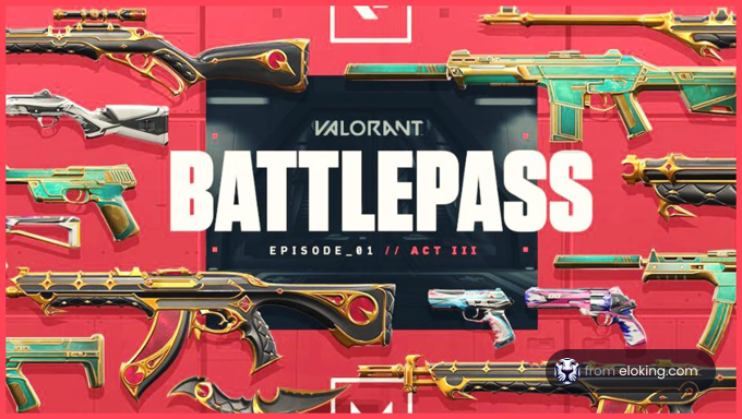 Valorant Battlepass promotional image with various weapon skins for Episode 01 Act III